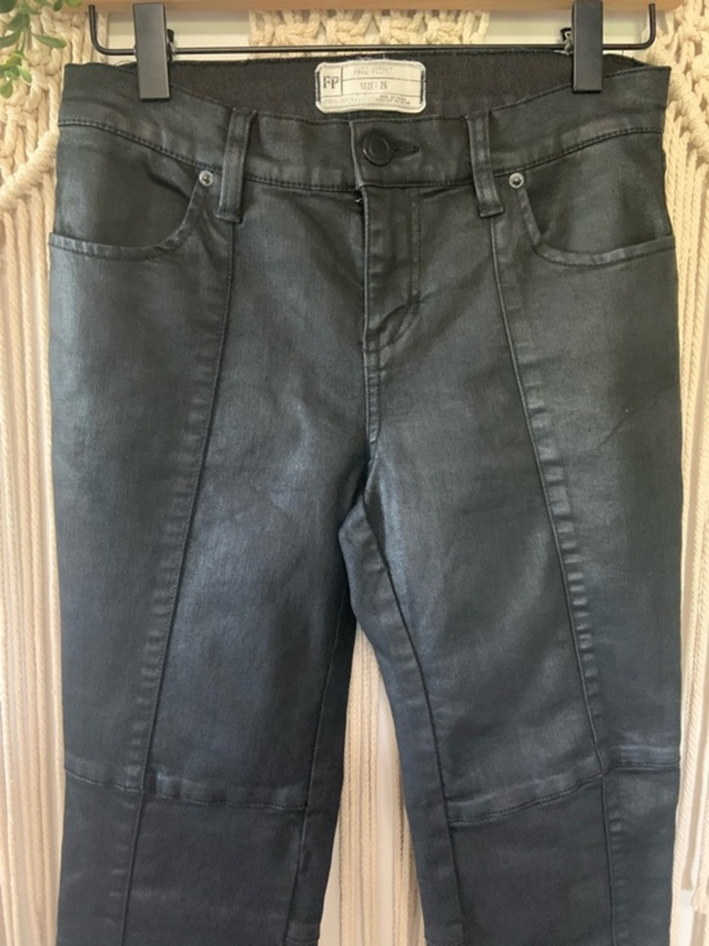 FREE PEOPLE Jillian Coated Moto Skinny Jeans Black Size 26 - Picture 4 of 10